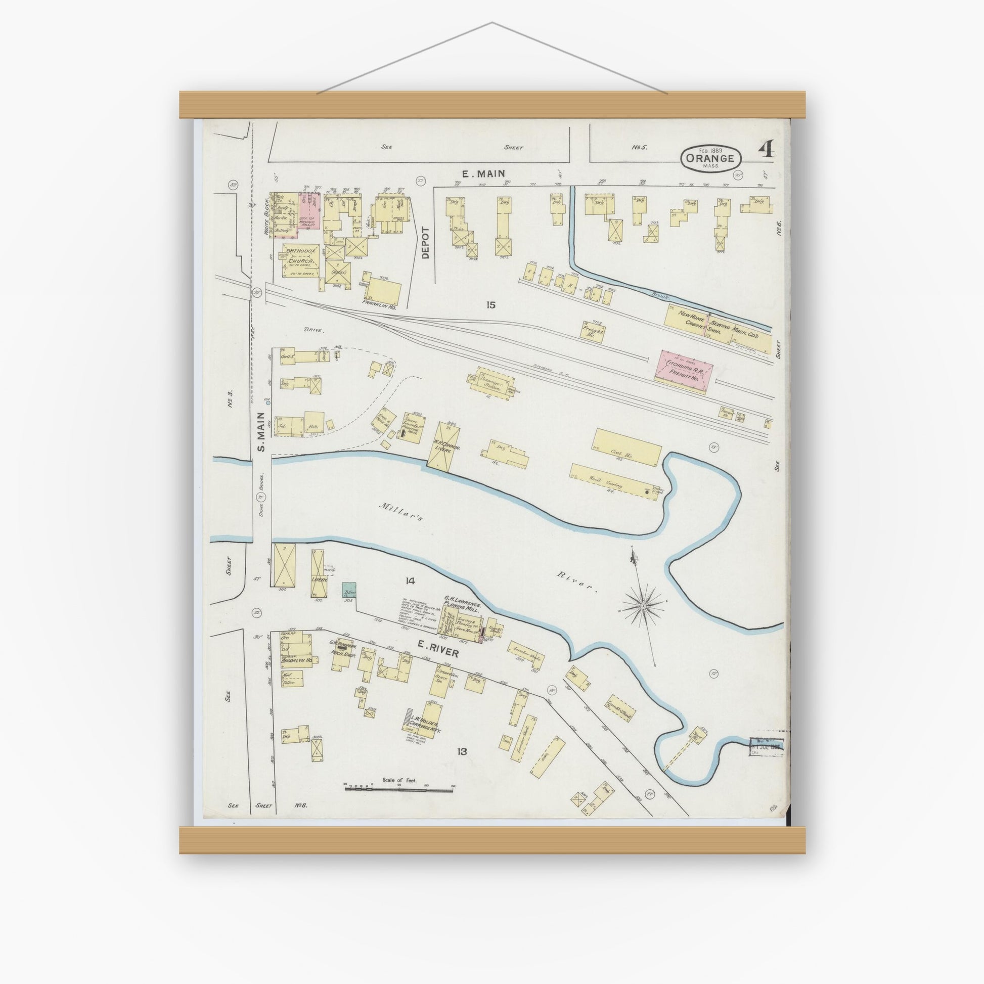 Old map wall art mockup — magnetic wood frame on white wall — Sanborn Fire Insurance Map from Orange, Franklin County, Massachusetts (1889), Sheet #0004