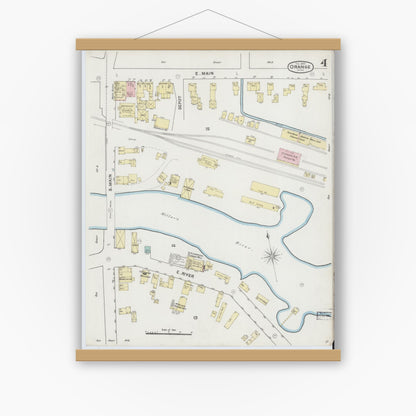 Old map wall art mockup — magnetic wood frame on white wall — Sanborn Fire Insurance Map from Orange, Franklin County, Massachusetts (1889), Sheet #0004