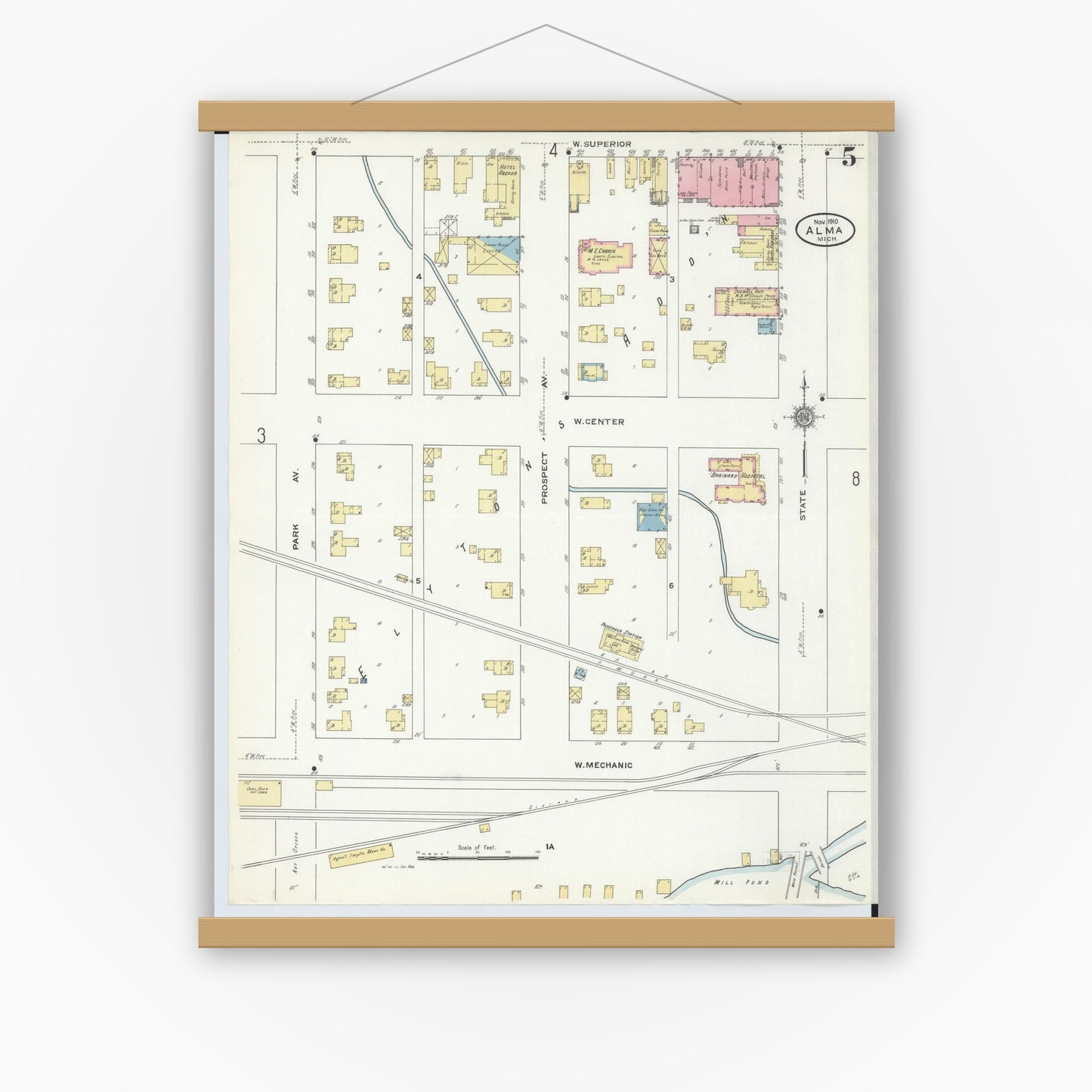 Old map wall art mockup — magnetic wood frame on white wall — Sanborn Fire Insurance Map from Alma, Gratiot County, Michigan (1910), Sheet #0005