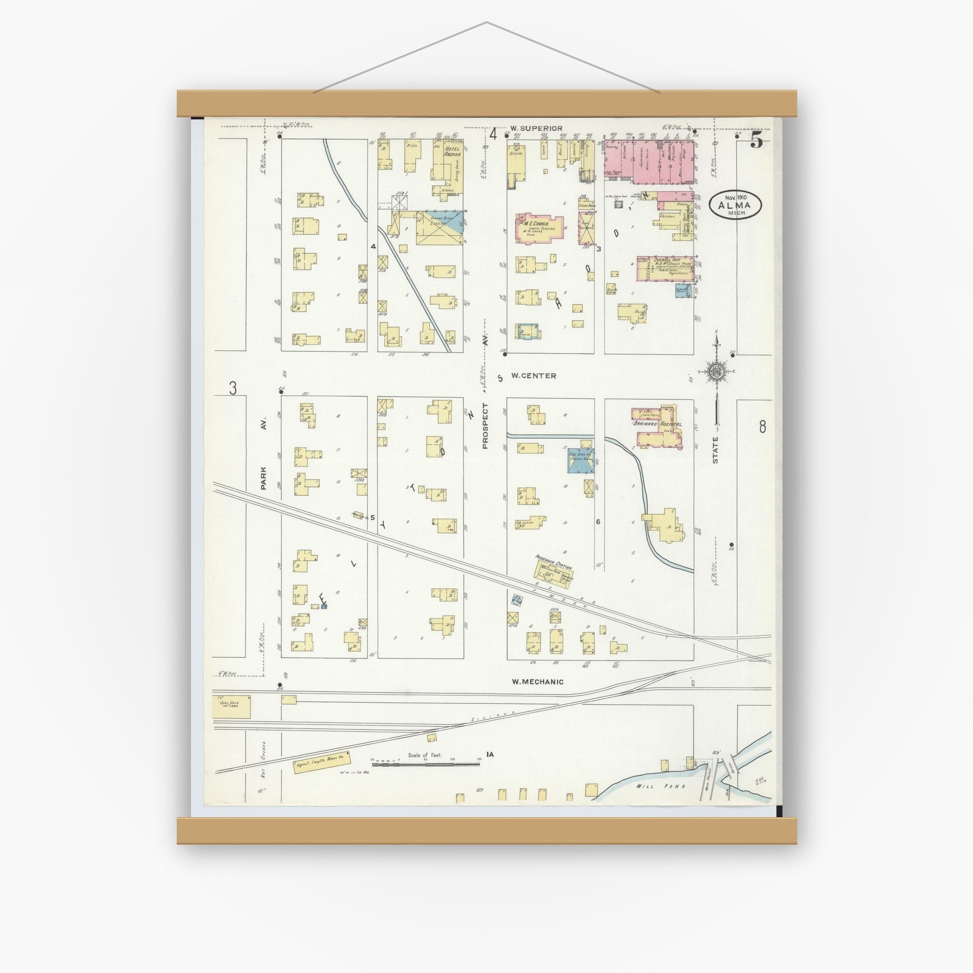 Old map wall art mockup — magnetic wood frame on white wall — Sanborn Fire Insurance Map from Alma, Gratiot County, Michigan (1910), Sheet #0005