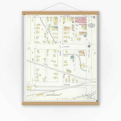 Old map wall art mockup — magnetic wood frame on white wall — Sanborn Fire Insurance Map from Alma, Gratiot County, Michigan (1910), Sheet #0005
