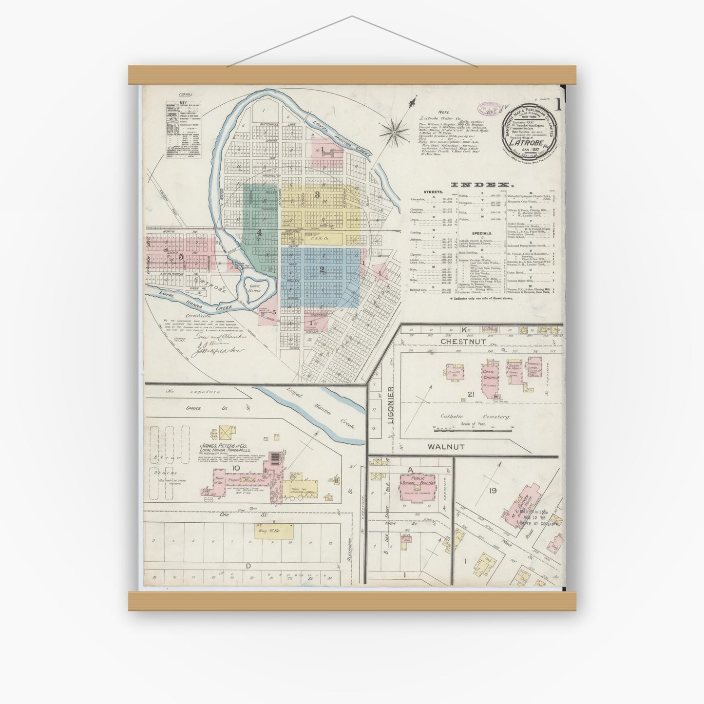 Old map wall art mockup — magnetic wood frame on white wall — Sanborn Fire Insurance Map from Latrobe, Westmoreland County, Pennsylvania (1887) - Complete Map Set