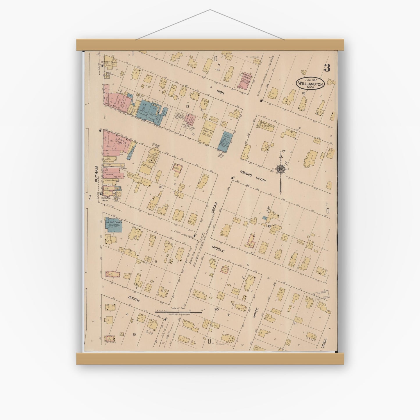 Old map wall art mockup — magnetic wood frame on white wall — Sanborn Fire Insurance Map from Williamston, Ingham County, Michigan (1922), Sheet #0003
