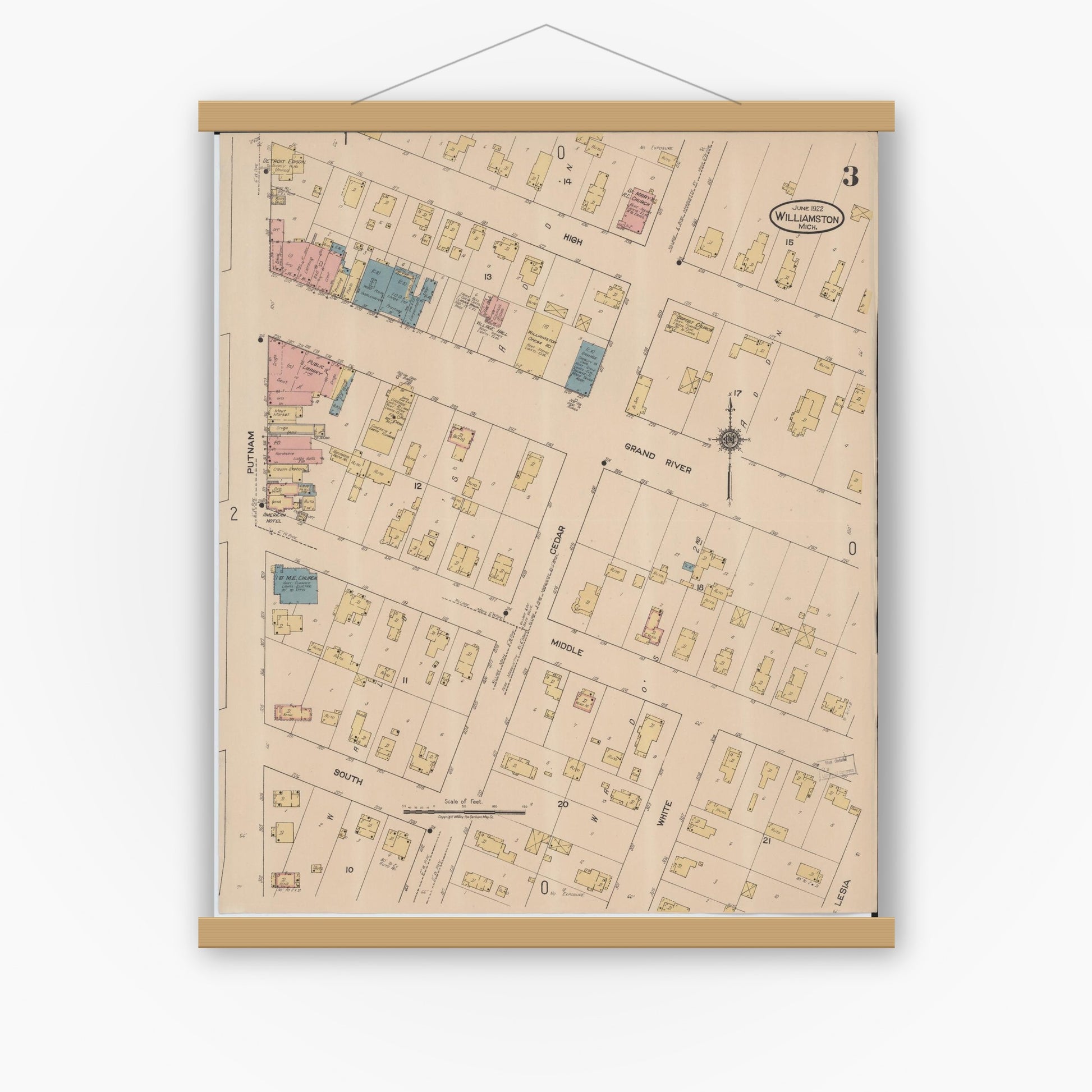 Old map wall art mockup — magnetic wood frame on white wall — Sanborn Fire Insurance Map from Williamston, Ingham County, Michigan (1922), Sheet #0003