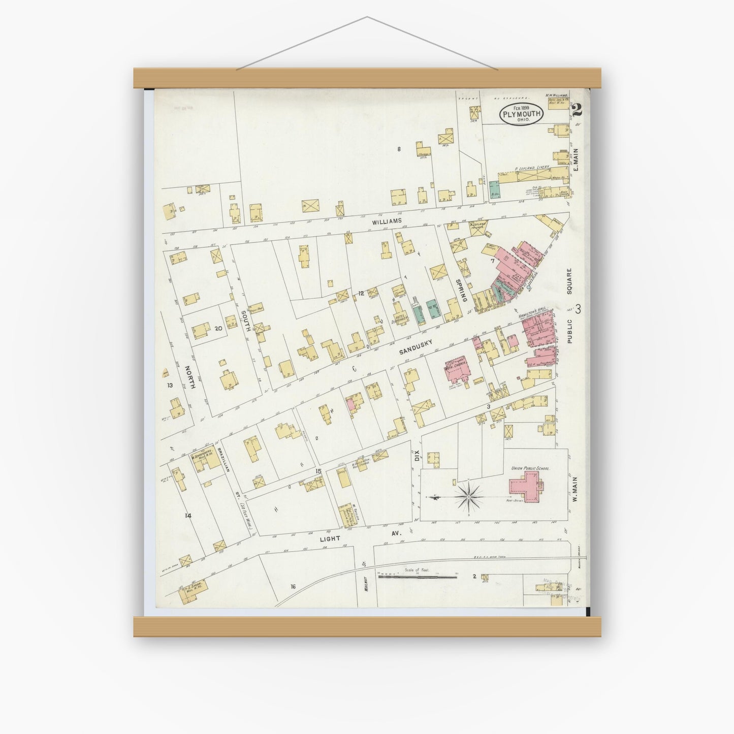 Old map wall art mockup — magnetic wood frame on white wall — Sanborn Fire Insurance Map from Plymouth, Huron And Richland Counties, Ohio (1899), Sheet #0002