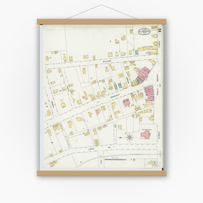 Old map wall art mockup — magnetic wood frame on white wall — Sanborn Fire Insurance Map from Plymouth, Huron And Richland Counties, Ohio (1899), Sheet #0002