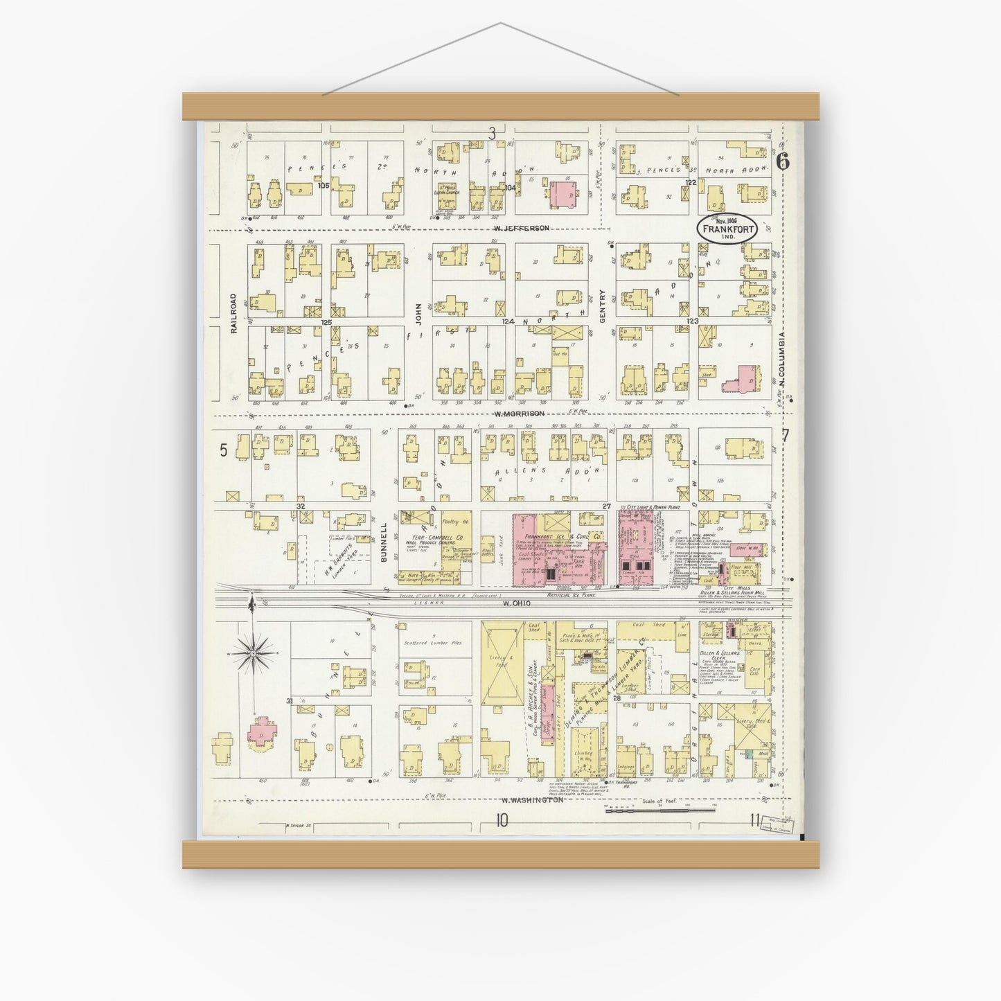 Old map wall art mockup — magnetic wood frame on white wall — Sanborn Fire Insurance Map from Frankfort, Clinton County, Indiana (1906), Sheet #0006