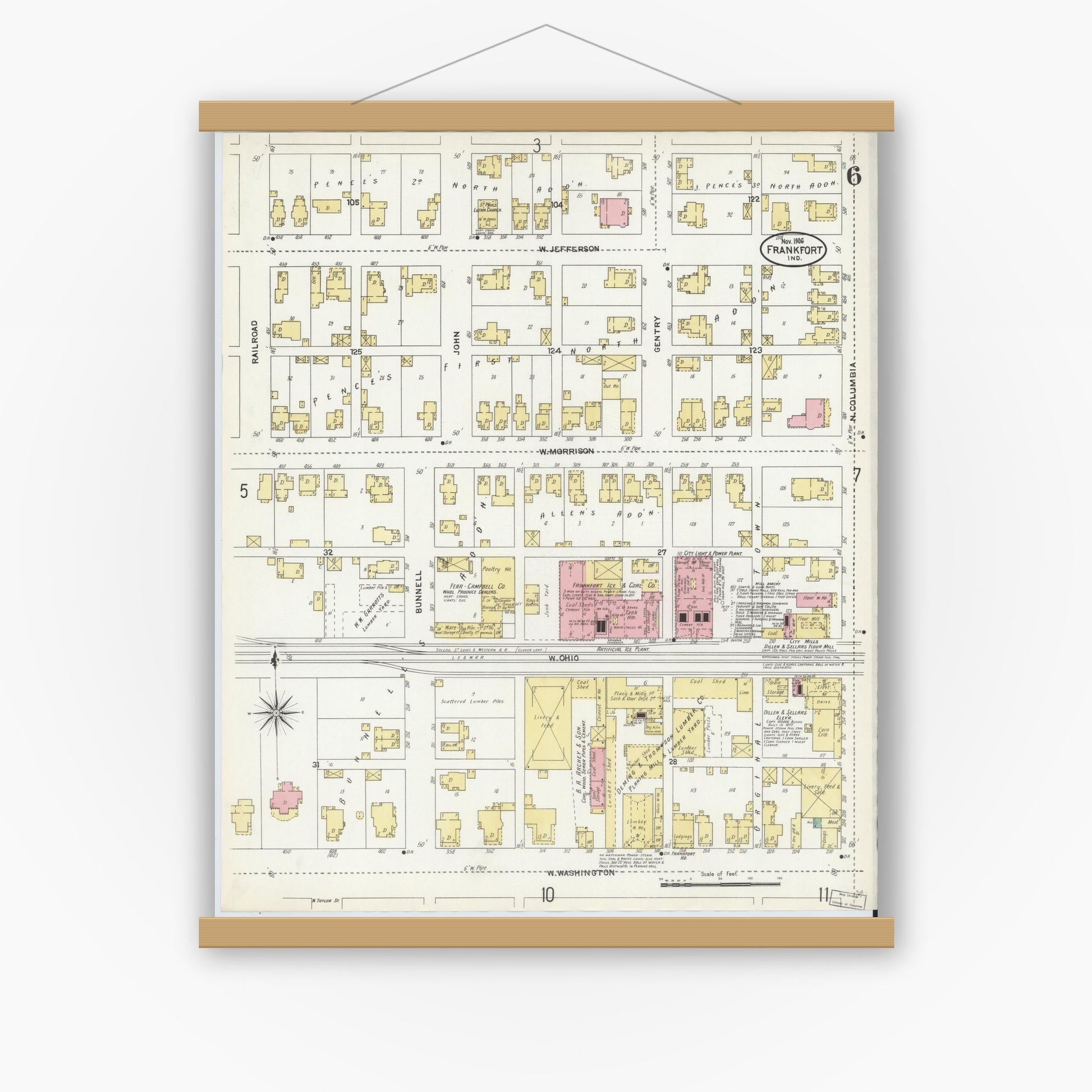 Old map wall art mockup — magnetic wood frame on white wall — Sanborn Fire Insurance Map from Frankfort, Clinton County, Indiana (1906), Sheet #0006