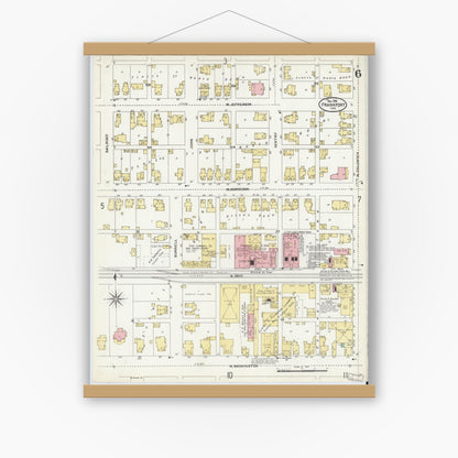 Old map wall art mockup — magnetic wood frame on white wall — Sanborn Fire Insurance Map from Frankfort, Clinton County, Indiana (1906), Sheet #0006
