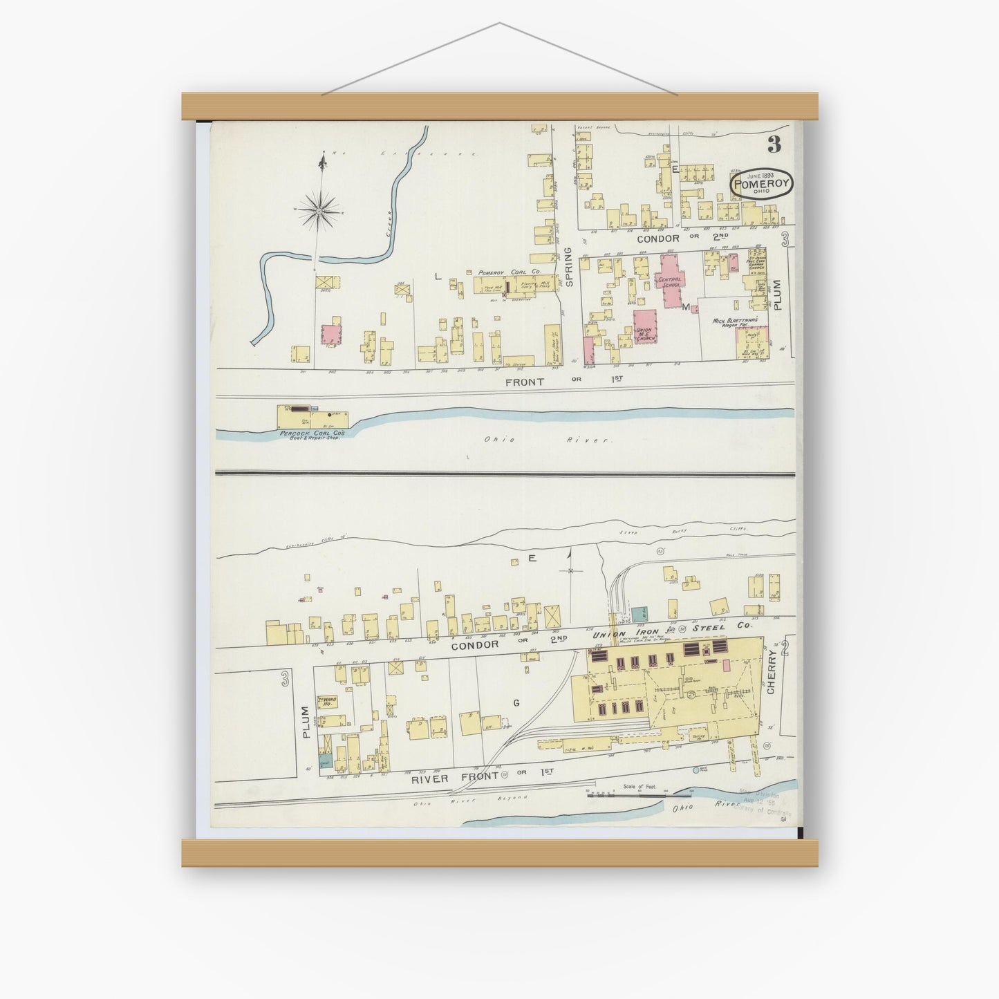 Old map wall art mockup — magnetic wood frame on white wall — Sanborn Fire Insurance Map from Pomeroy, Meigs County, Ohio (1893), Sheet #0003