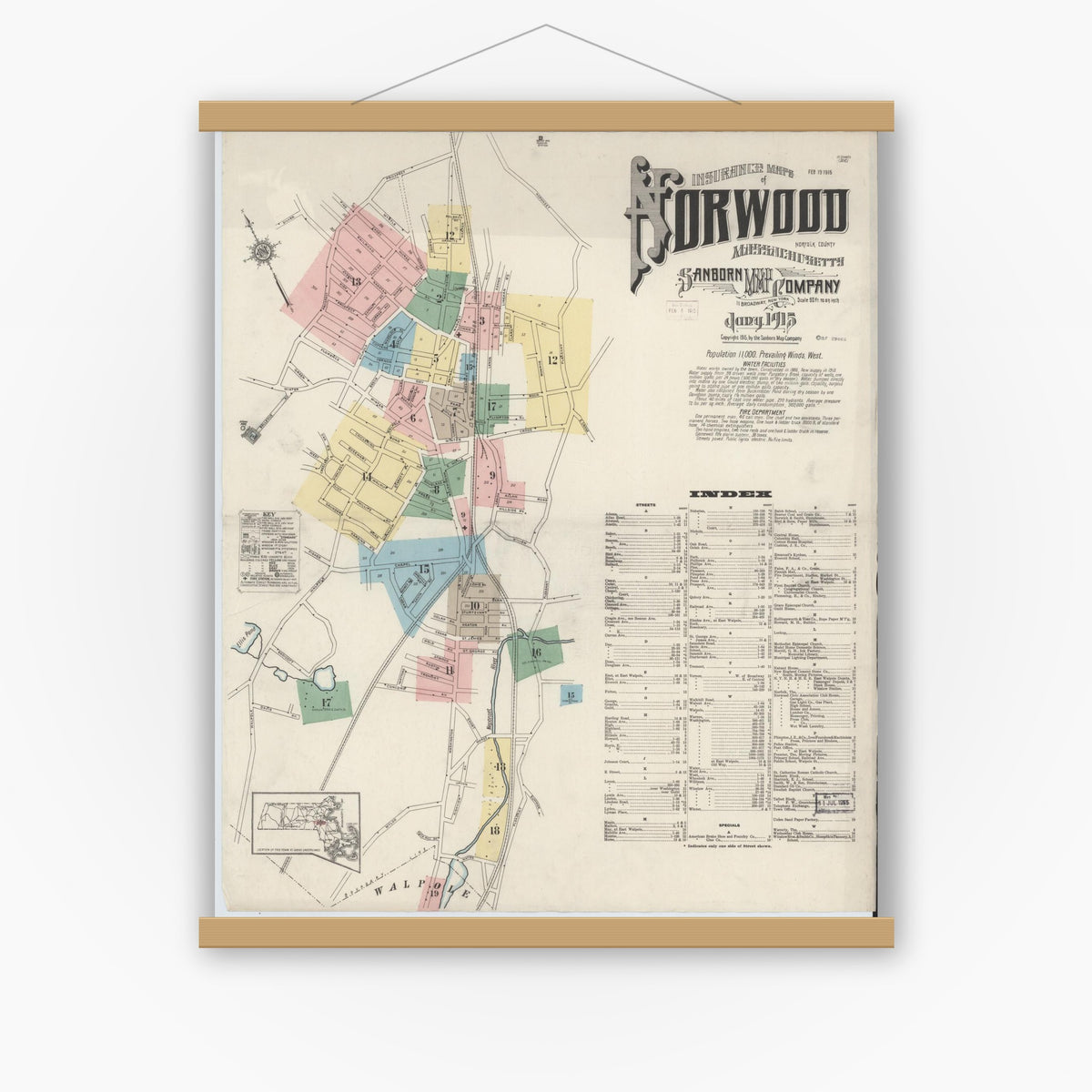 Old map wall art mockup — magnetic wood frame on white wall — Sanborn Fire Insurance Map from Norwood, Norfolk County, Massachusetts (1915), Sheet #0001