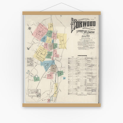 Old map wall art mockup — magnetic wood frame on white wall — Sanborn Fire Insurance Map from Norwood, Norfolk County, Massachusetts (1915), Sheet #0001