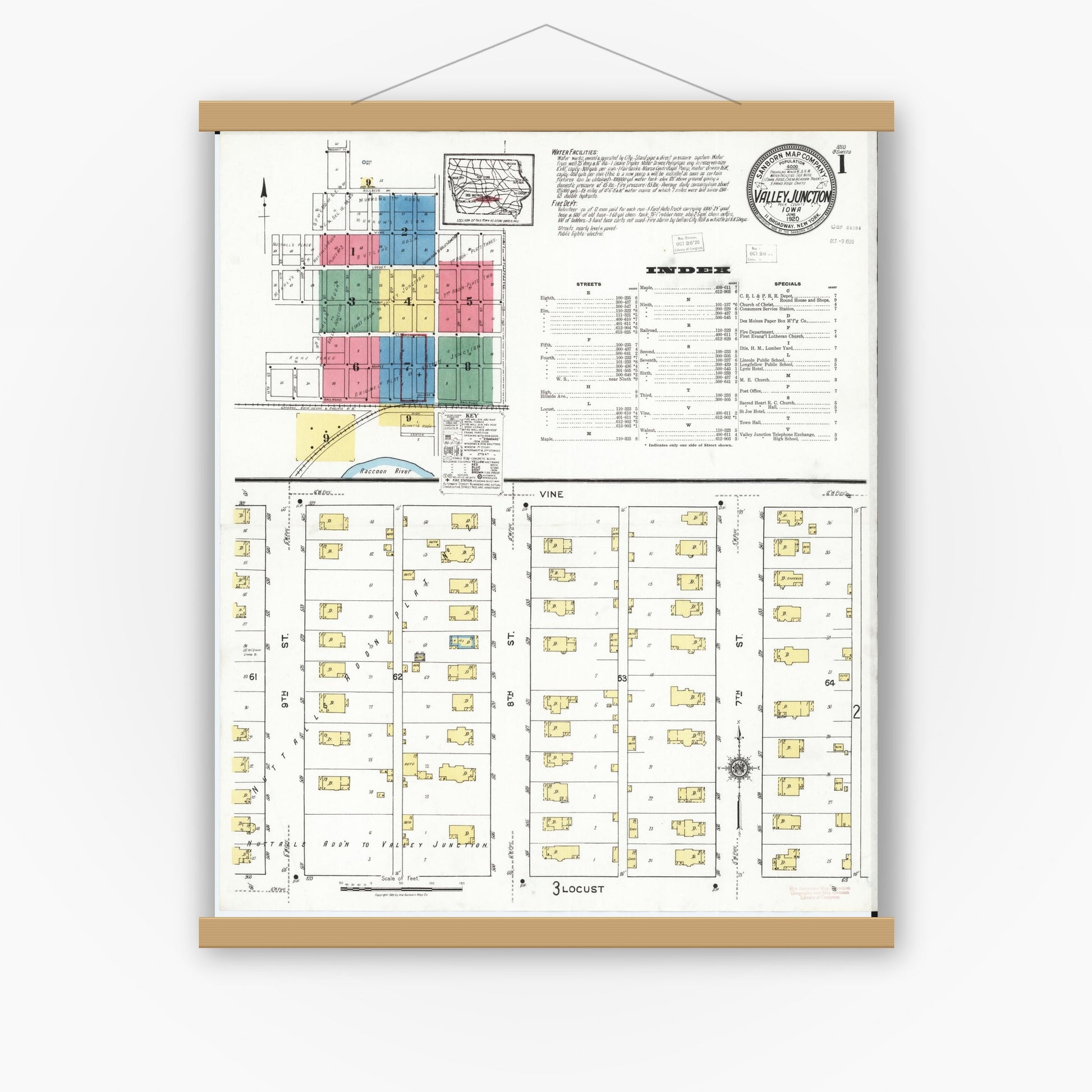 Old map wall art mockup — magnetic wood frame on white wall — Sanborn Fire Insurance Map from Valley Junction, Polk County, Iowa (1920) â€” Complete Set