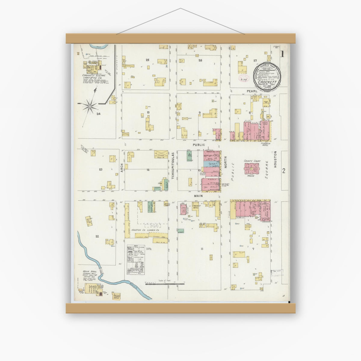 Old map wall art mockup — magnetic wood frame on white wall — Sanborn Fire Insurance Map from Crockett, Houston County, Texas (1896), Sheet #0001