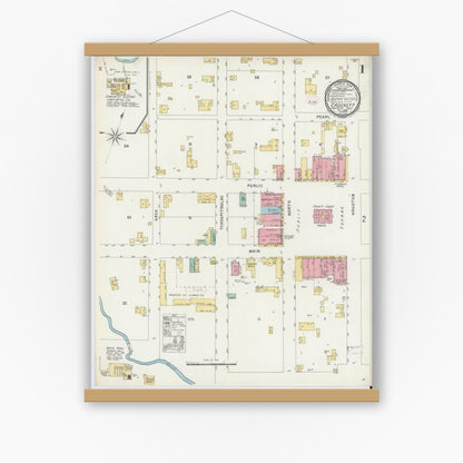 Old map wall art mockup — magnetic wood frame on white wall — Sanborn Fire Insurance Map from Crockett, Houston County, Texas (1896), Sheet #0001