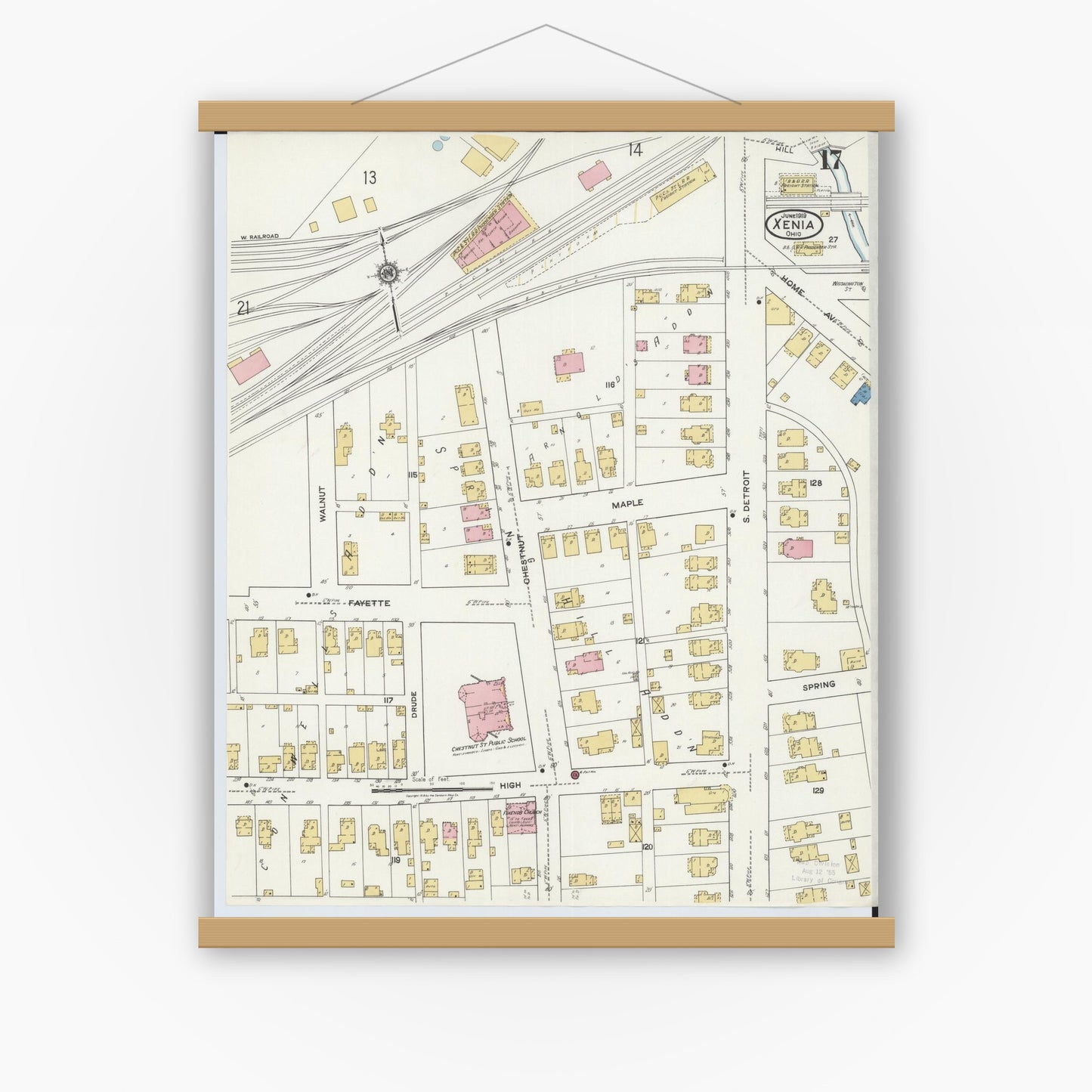 Old map wall art mockup — magnetic wood frame on white wall — Sanborn Fire Insurance Map from Xenia, Greene County, Ohio (1919), Sheet #0017