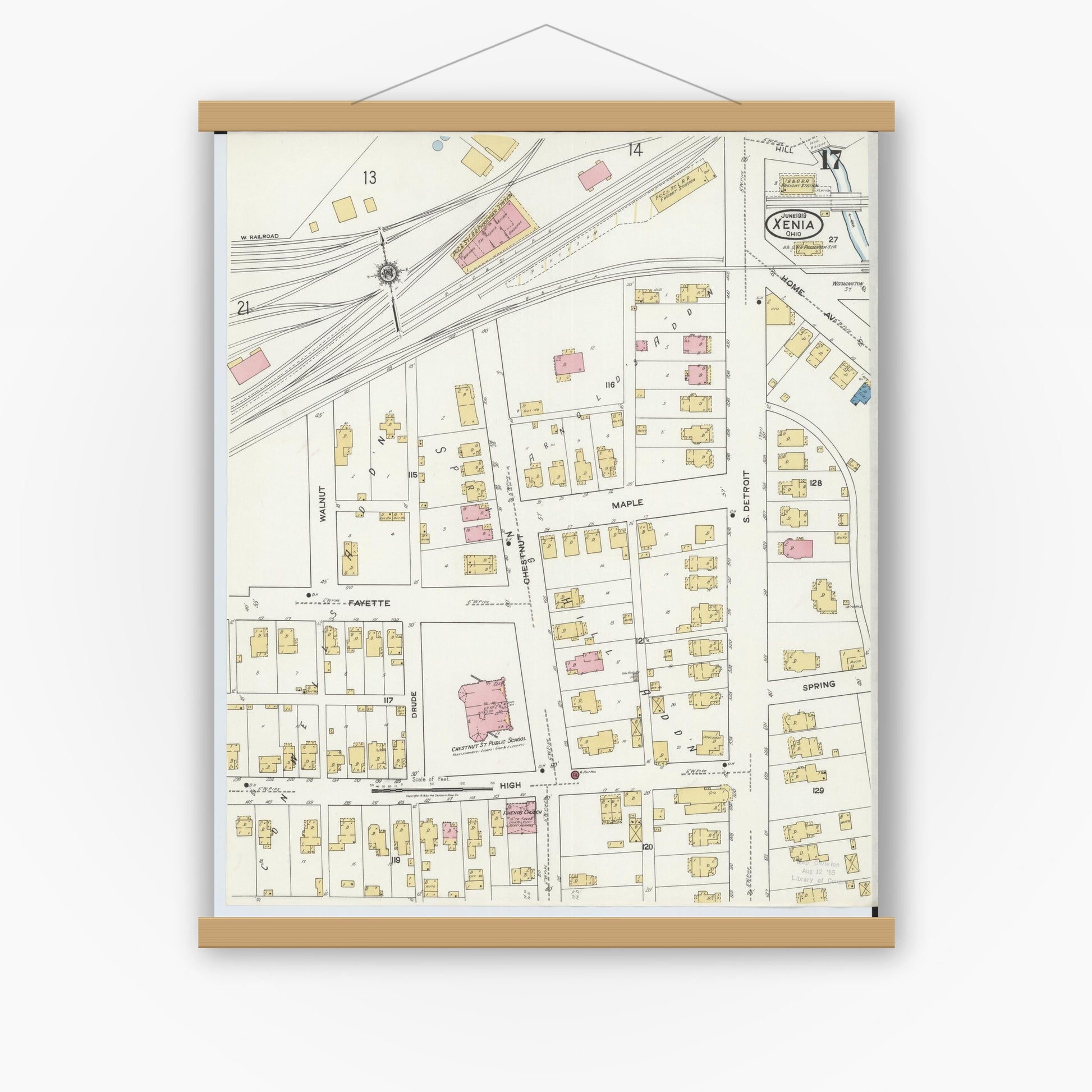 Old map wall art mockup — magnetic wood frame on white wall — Sanborn Fire Insurance Map from Xenia, Greene County, Ohio (1919), Sheet #0017