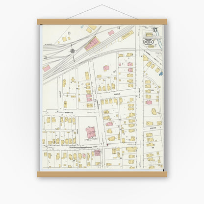 Old map wall art mockup — magnetic wood frame on white wall — Sanborn Fire Insurance Map from Xenia, Greene County, Ohio (1919), Sheet #0017
