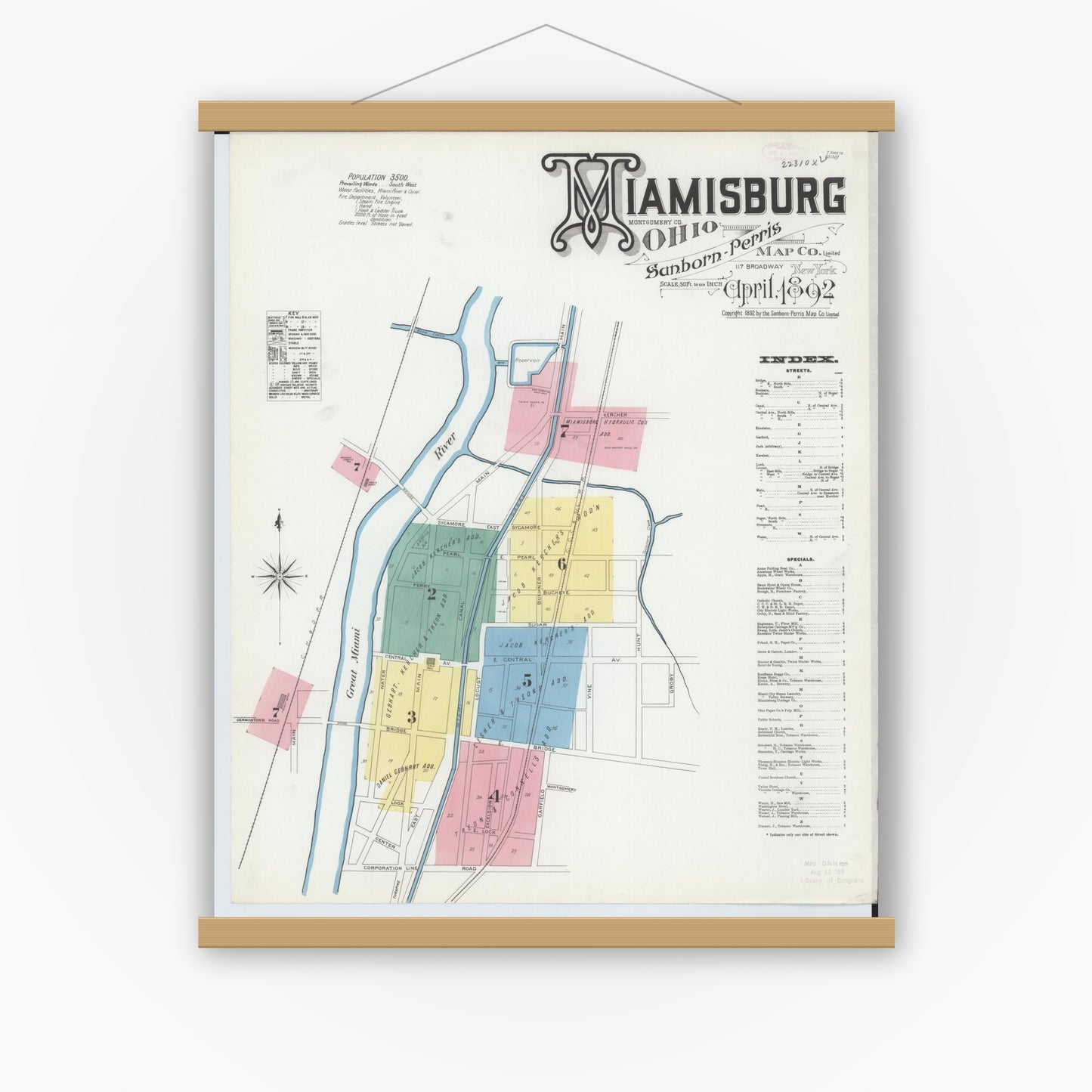 Old map wall art mockup — magnetic wood frame on white wall — Sanborn Fire Insurance Map from Miamisburg, Montgomery County, Ohio (1892), Sheet #0001