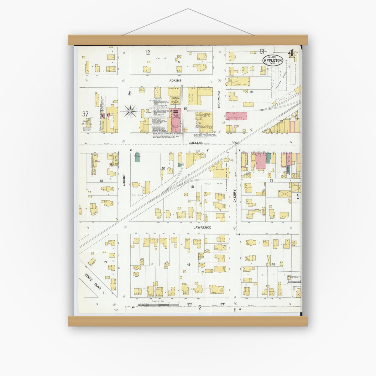 Old map wall art mockup — magnetic wood frame on white wall — Sanborn Fire Insurance Map from Appleton, Outagamie County, Wisconsin (1901), Sheet #0004