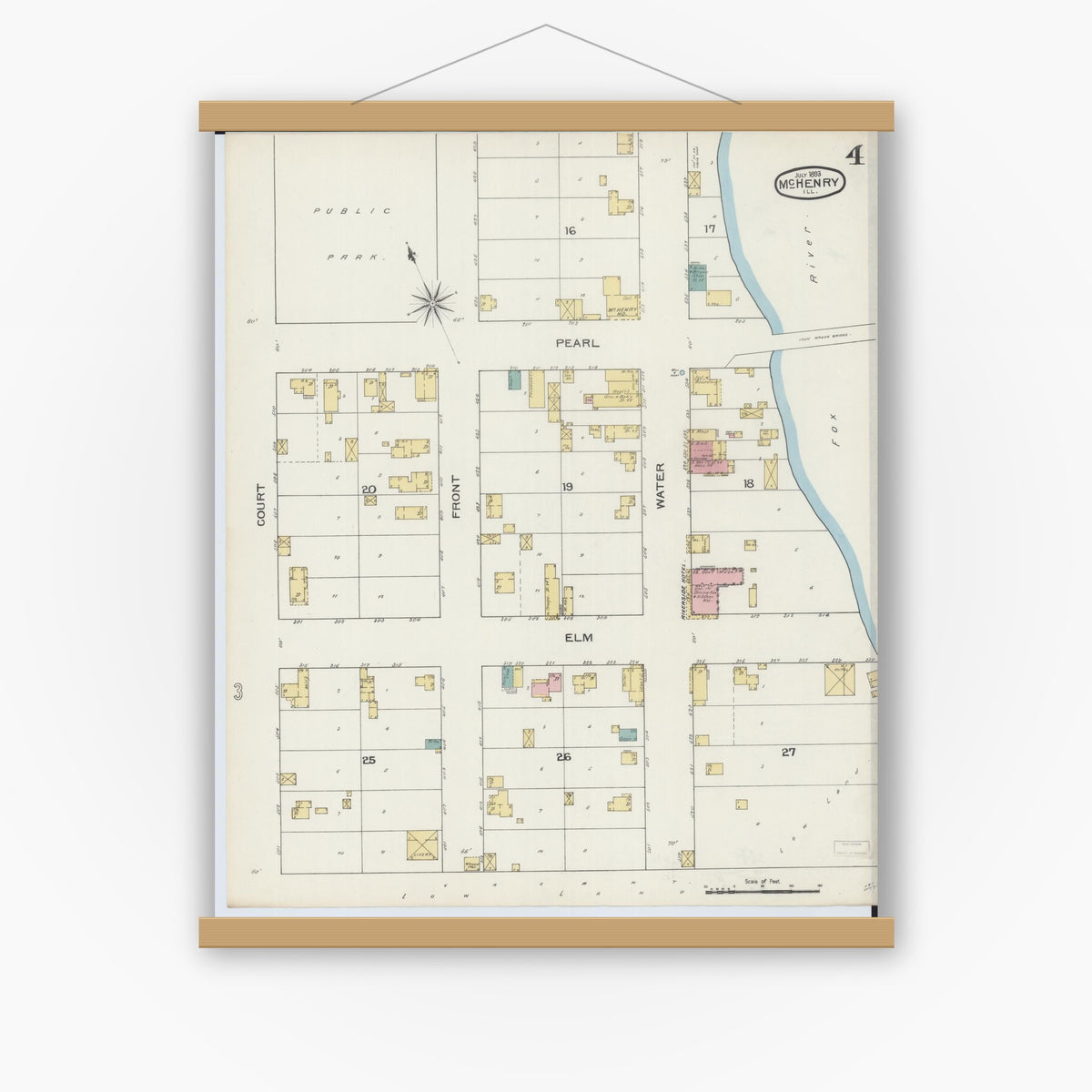 Old map wall art mockup — magnetic wood frame on white wall — Sanborn Fire Insurance Map from McHenry, McHenry County, Illinois (1893), Sheet #0004