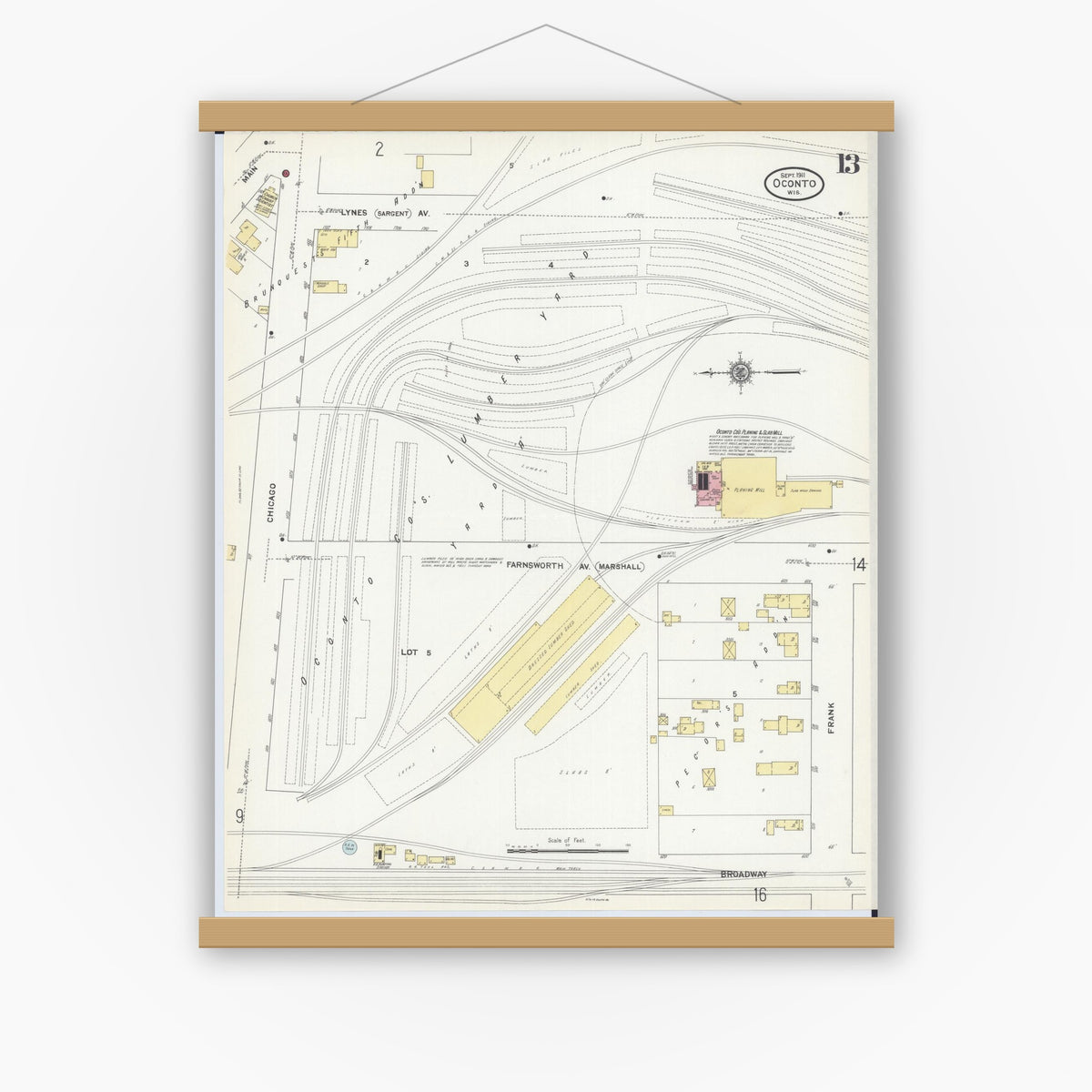 Old map wall art mockup — magnetic wood frame on white wall — Sanborn Fire Insurance Map from Oconto, Oconto County, Wisconsin (1911), Sheet #0013
