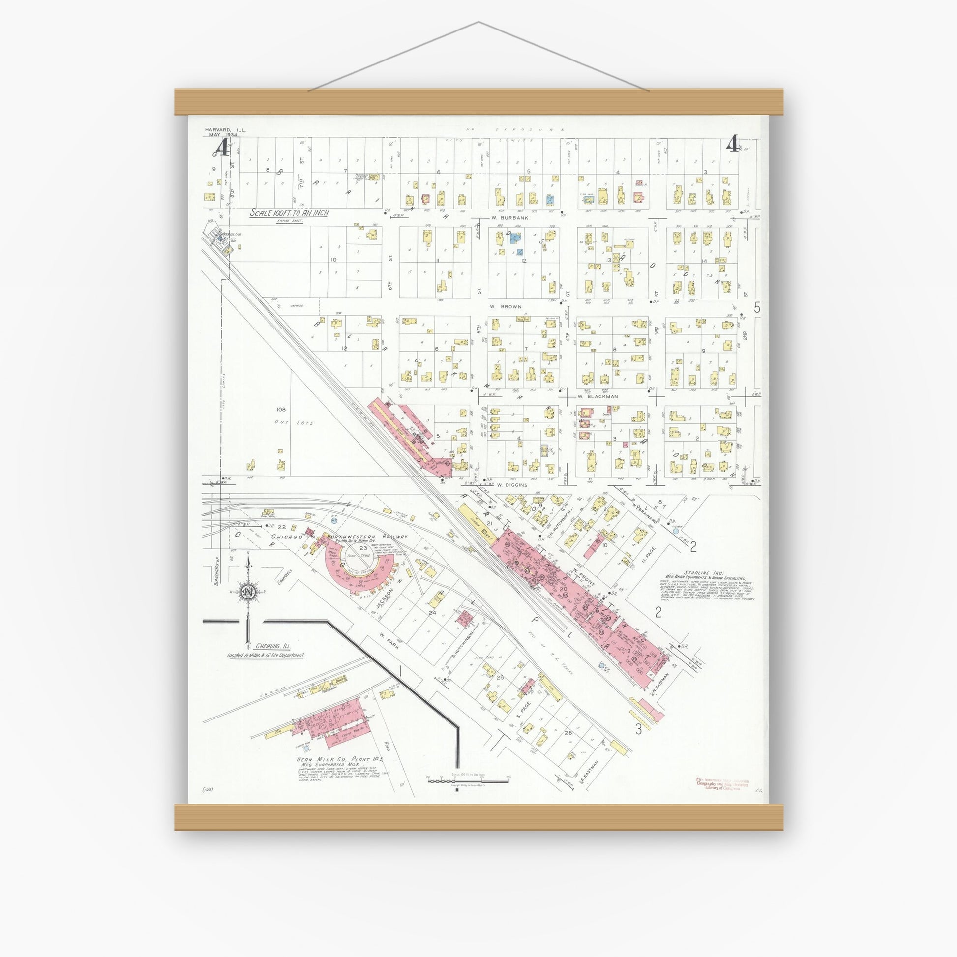 Old map wall art mockup — magnetic wood frame on white wall — Sanborn Fire Insurance Map from Harvard, McHenry County, Illinois (1934), Sheet #0004