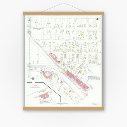 Old map wall art mockup — magnetic wood frame on white wall — Sanborn Fire Insurance Map from Harvard, McHenry County, Illinois (1934), Sheet #0004