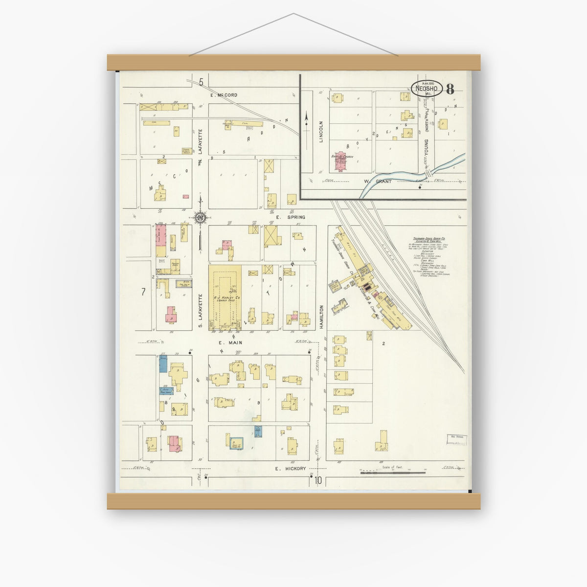Old map wall art mockup — magnetic wood frame on white wall — Sanborn Fire Insurance Map from Neosho, Newton County, Missouri (1916), Sheet #0008