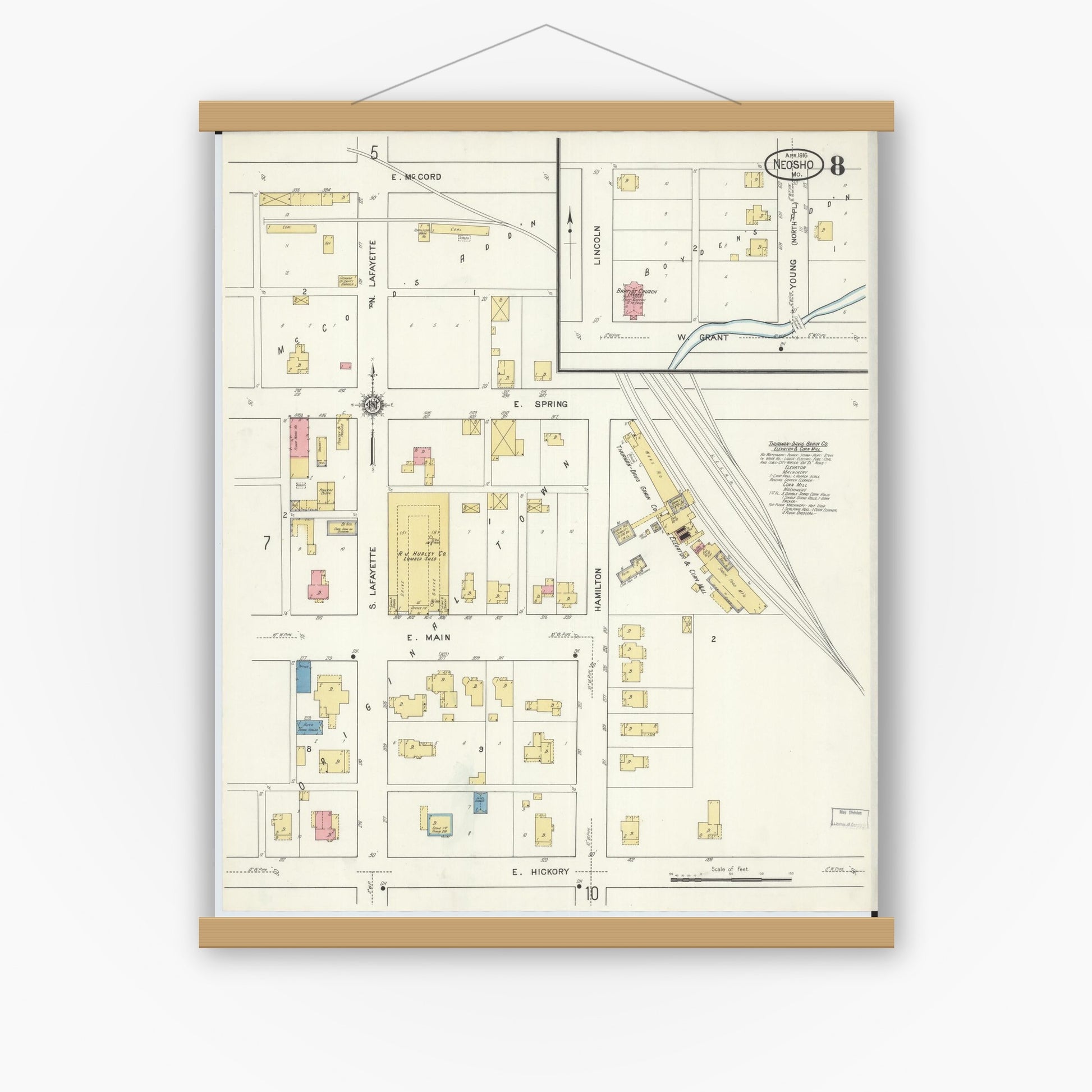Old map wall art mockup — magnetic wood frame on white wall — Sanborn Fire Insurance Map from Neosho, Newton County, Missouri (1916), Sheet #0008