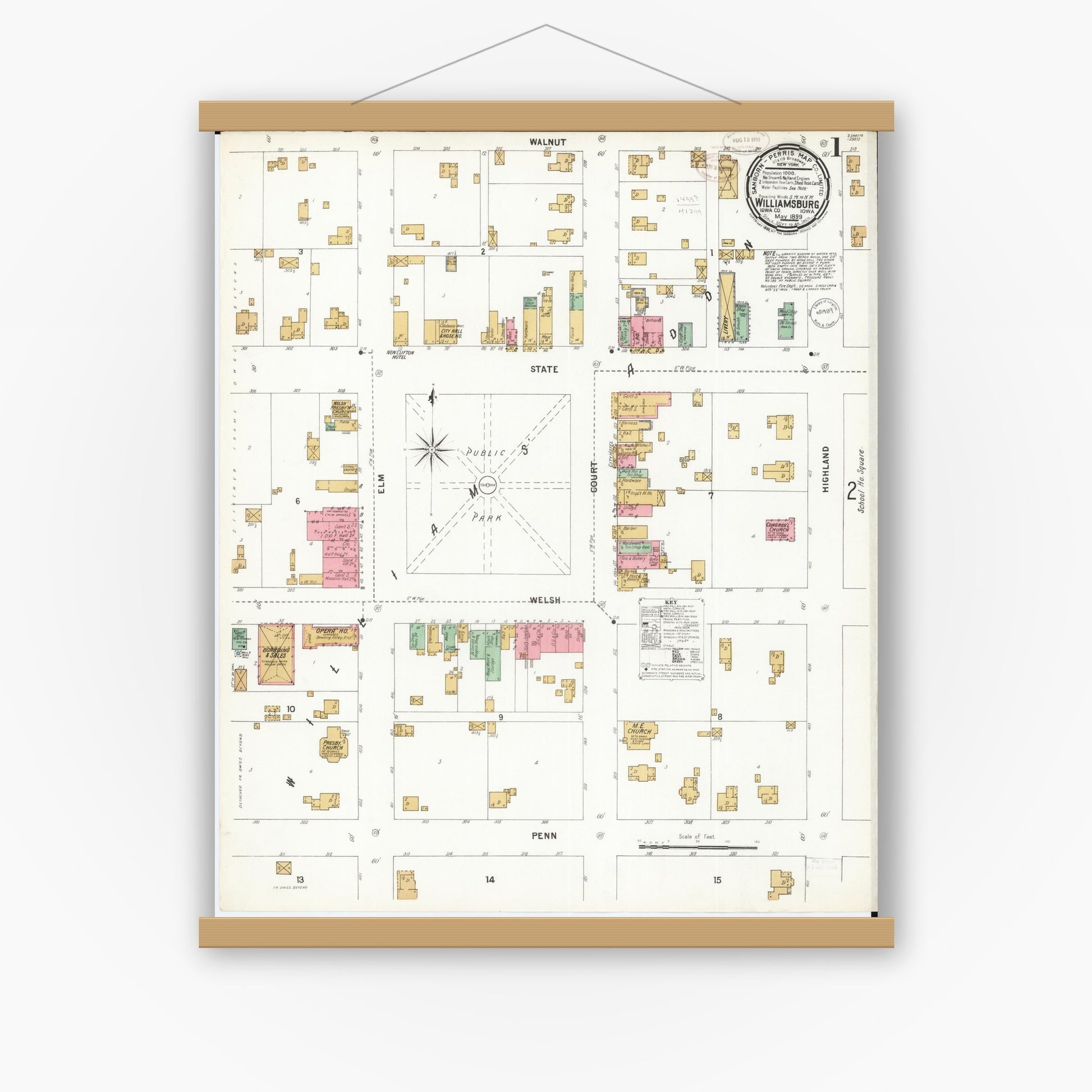 Old map wall art mockup — magnetic wood frame on white wall — Sanborn Fire Insurance Map from Williamsburg, Iowa County, Iowa (1899) â€” Complete Set