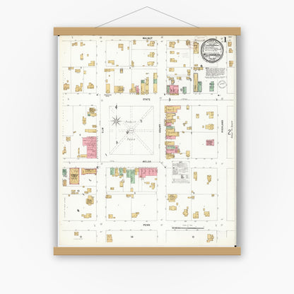 Old map wall art mockup — magnetic wood frame on white wall — Sanborn Fire Insurance Map from Williamsburg, Iowa County, Iowa (1899) â€” Complete Set