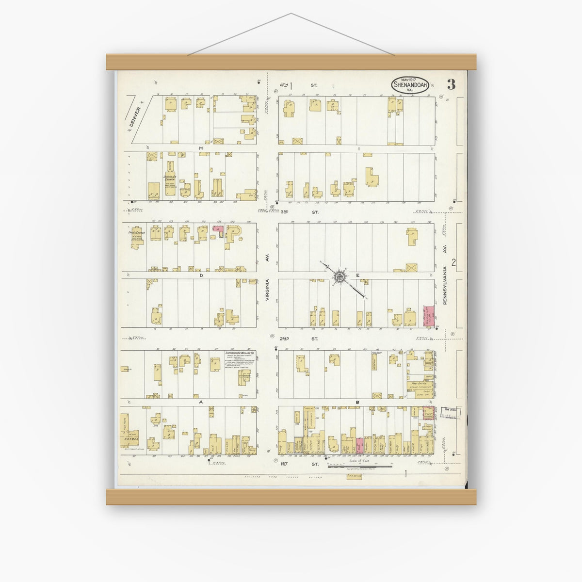 Old map wall art mockup — magnetic wood frame on white wall — Sanborn Fire Insurance Map from Shenandoah, Page County, Virginia (1917), Sheet #0003