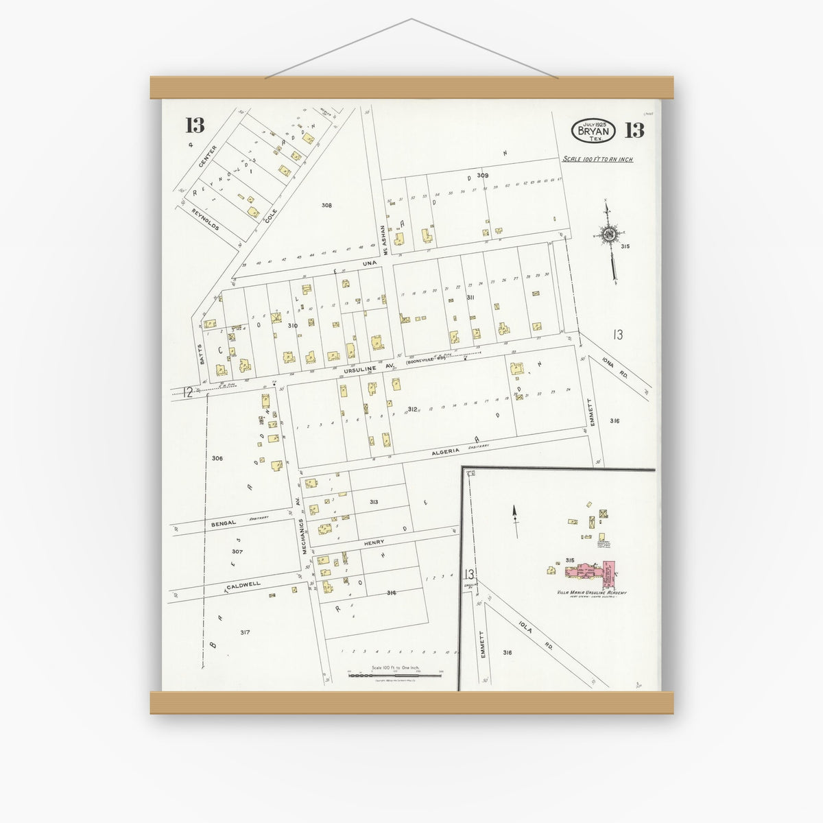Old map wall art mockup — magnetic wood frame on white wall — Sanborn Fire Insurance Map from Bryan, Brazos County, Texas (1925), Sheet #0013