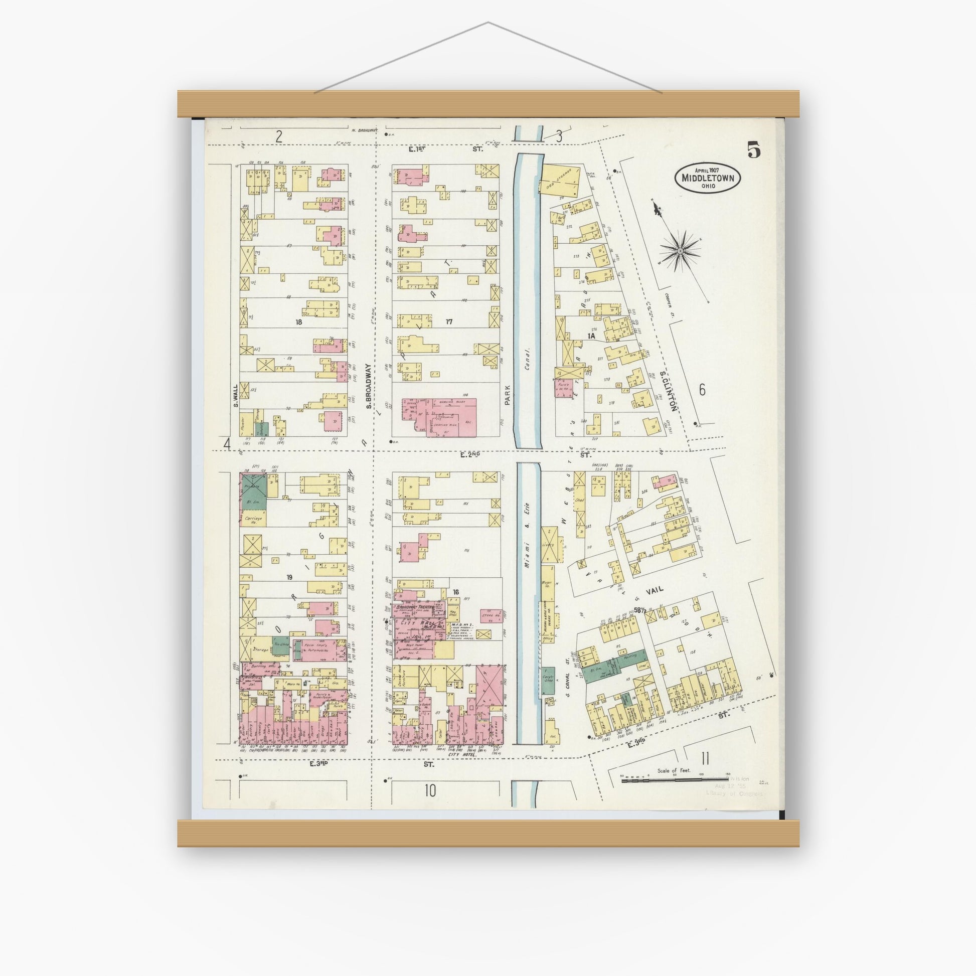 Old map wall art mockup — magnetic wood frame on white wall — Sanborn Fire Insurance Map from Middletown, Butler County, Ohio (1907), Sheet #0005