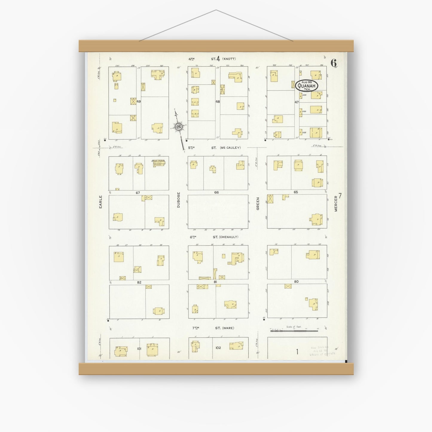 Old map wall art mockup — magnetic wood frame on white wall — Sanborn Fire Insurance Map from Quanah, Hardeman County, Texas (1915), Sheet #0006