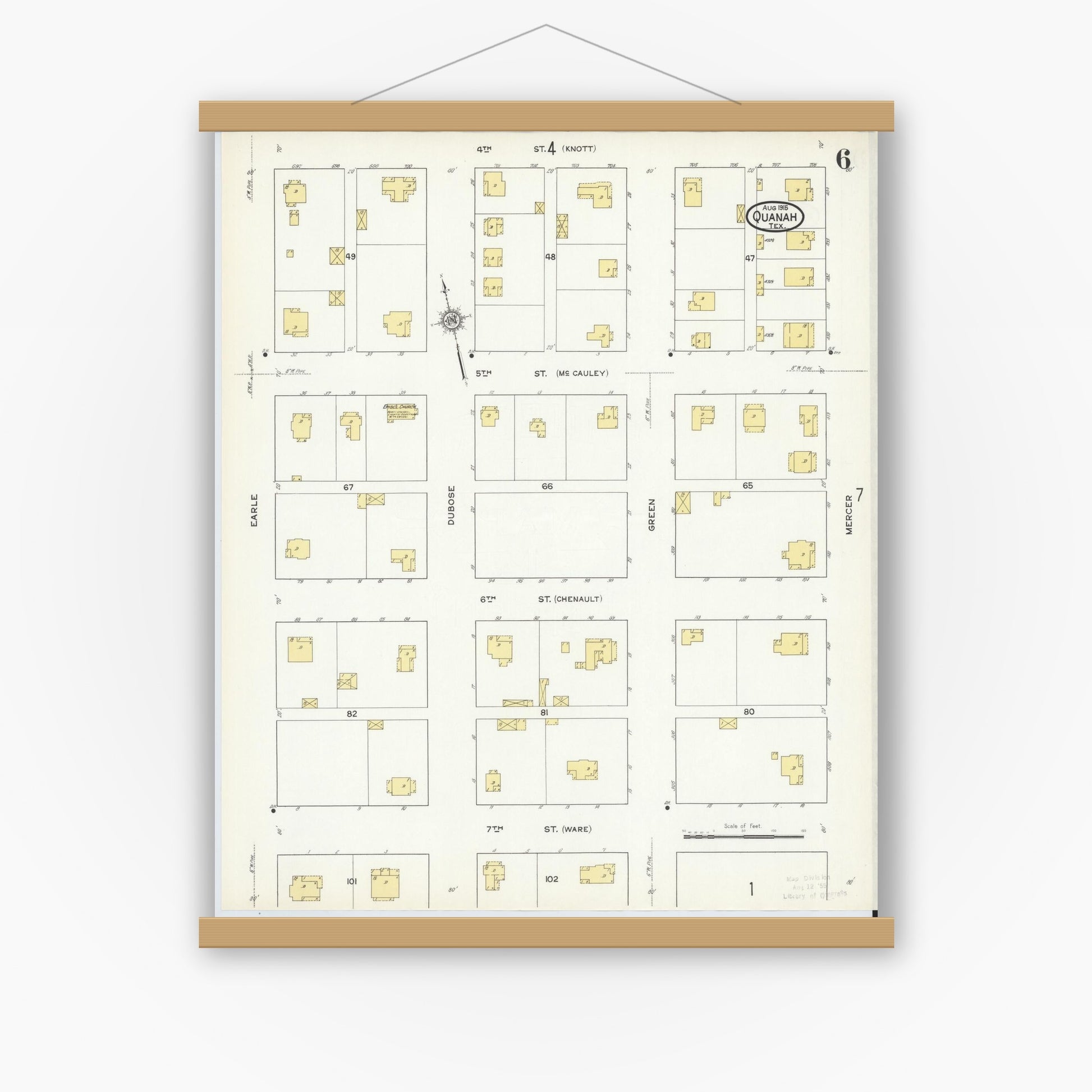Old map wall art mockup — magnetic wood frame on white wall — Sanborn Fire Insurance Map from Quanah, Hardeman County, Texas (1915), Sheet #0006