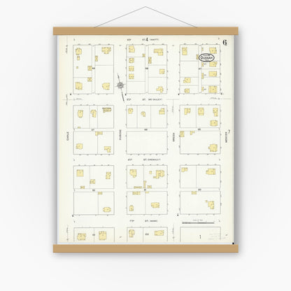 Old map wall art mockup — magnetic wood frame on white wall — Sanborn Fire Insurance Map from Quanah, Hardeman County, Texas (1915), Sheet #0006