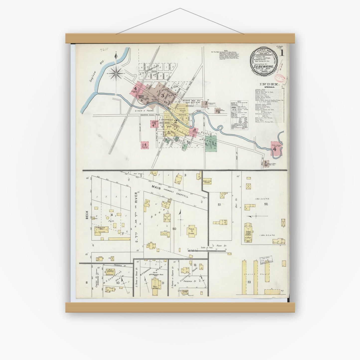 Old map wall art mockup — magnetic wood frame on white wall — Sanborn Fire Insurance Map from Sebewaing, Huron County, Michigan (1895) - Complete Map Set