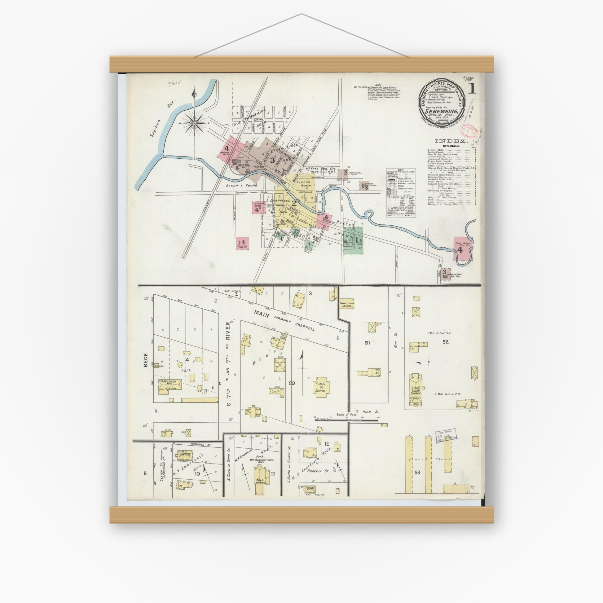 Old map wall art mockup — magnetic wood frame on white wall — Sanborn Fire Insurance Map from Sebewaing, Huron County, Michigan (1895) - Complete Map Set