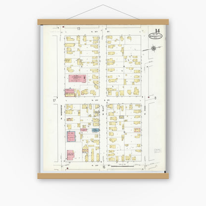 Old map wall art mockup — magnetic wood frame on white wall — Sanborn Fire Insurance Map from Marquette, Marquette County, Michigan (1911), Sheet #0014
