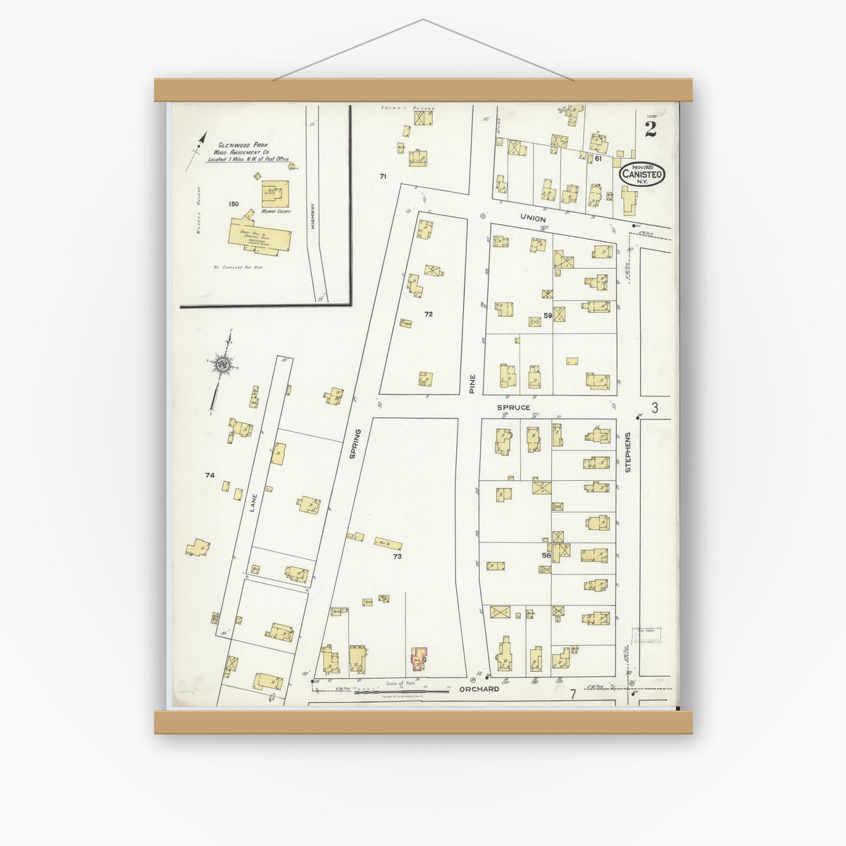 Old map wall art mockup — magnetic wood frame on white wall — Sanborn Fire Insurance Map from Canisteo, Steuben County, New York (1920) - Complete Map Set