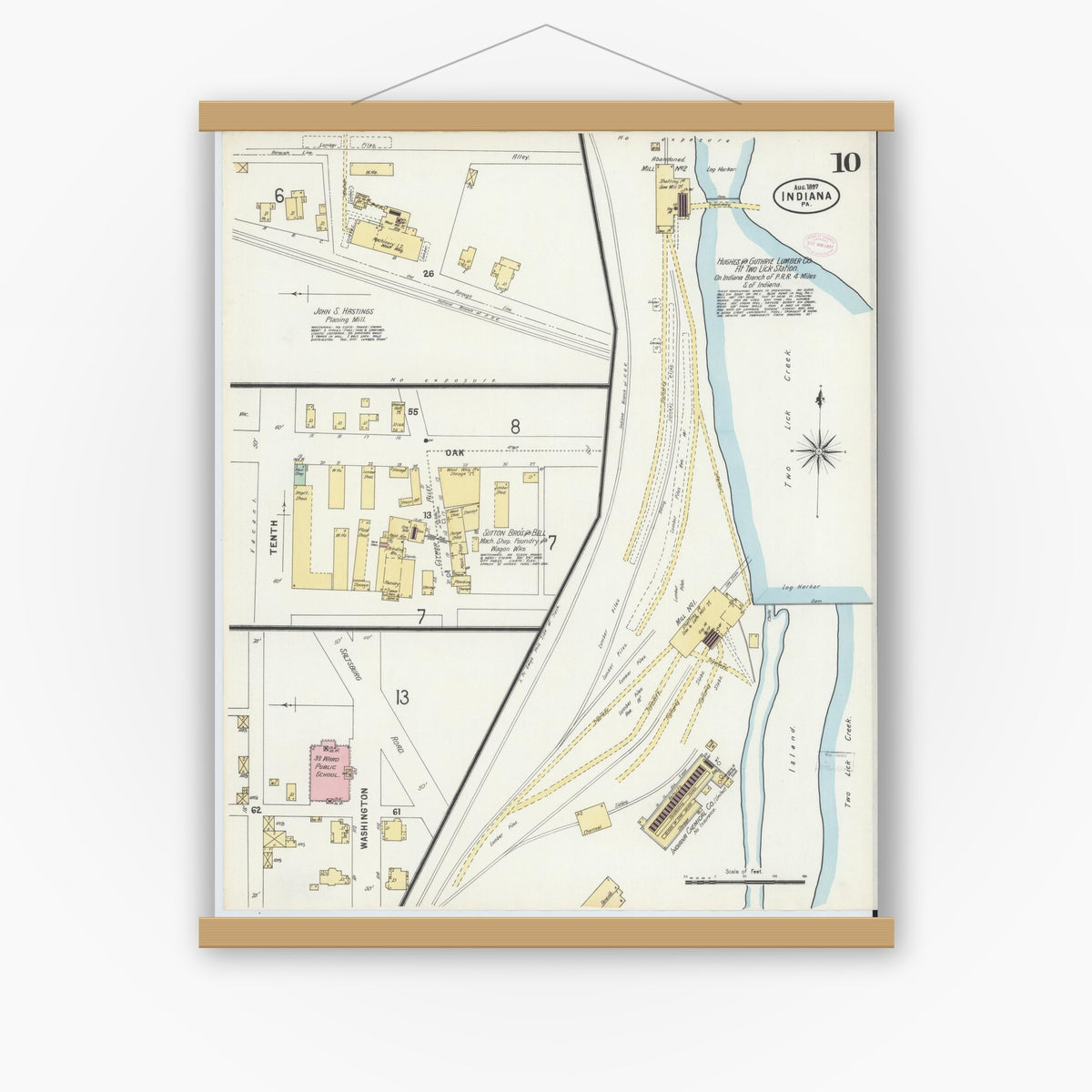 Old map wall art mockup — magnetic wood frame on white wall — Sanborn Fire Insurance Map from Indiana, Indiana County, Pennsylvania (1888), Sheet #0010