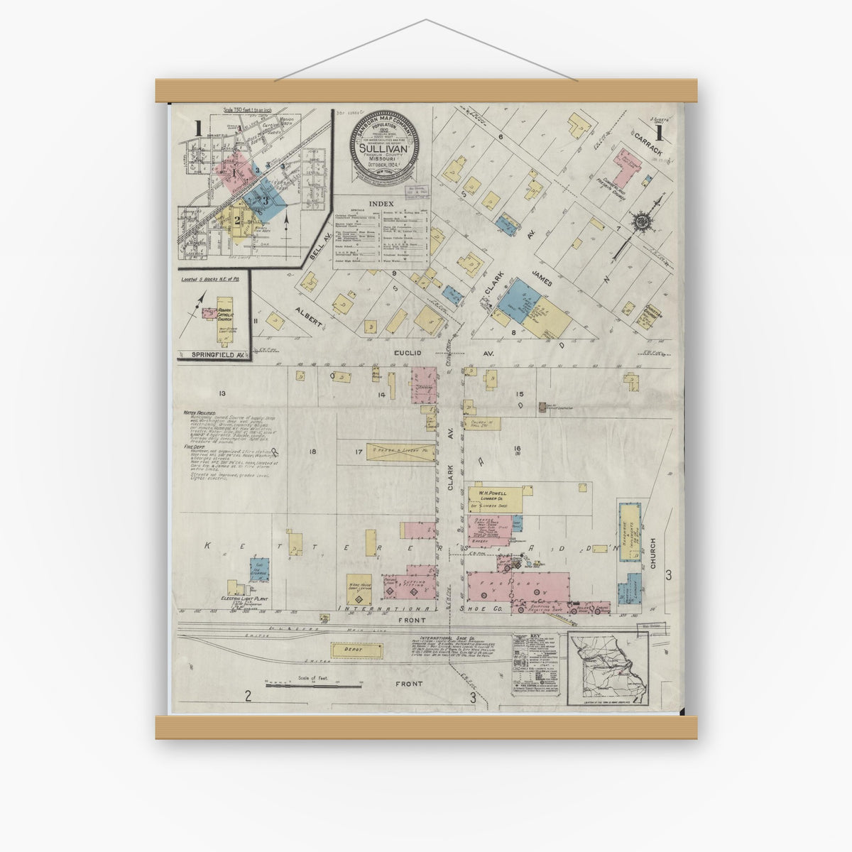 Old map wall art mockup — magnetic wood frame on white wall — Sanborn Fire Insurance Map from Sullivan, Franklin County, Missouri (1924), Sheet #0001