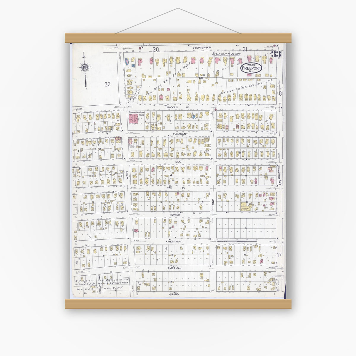 Old map wall art mockup — magnetic wood frame on white wall — Sanborn Fire Insurance Map from Freeport, Stephenson County, Illinois (1918), Sheet #0033