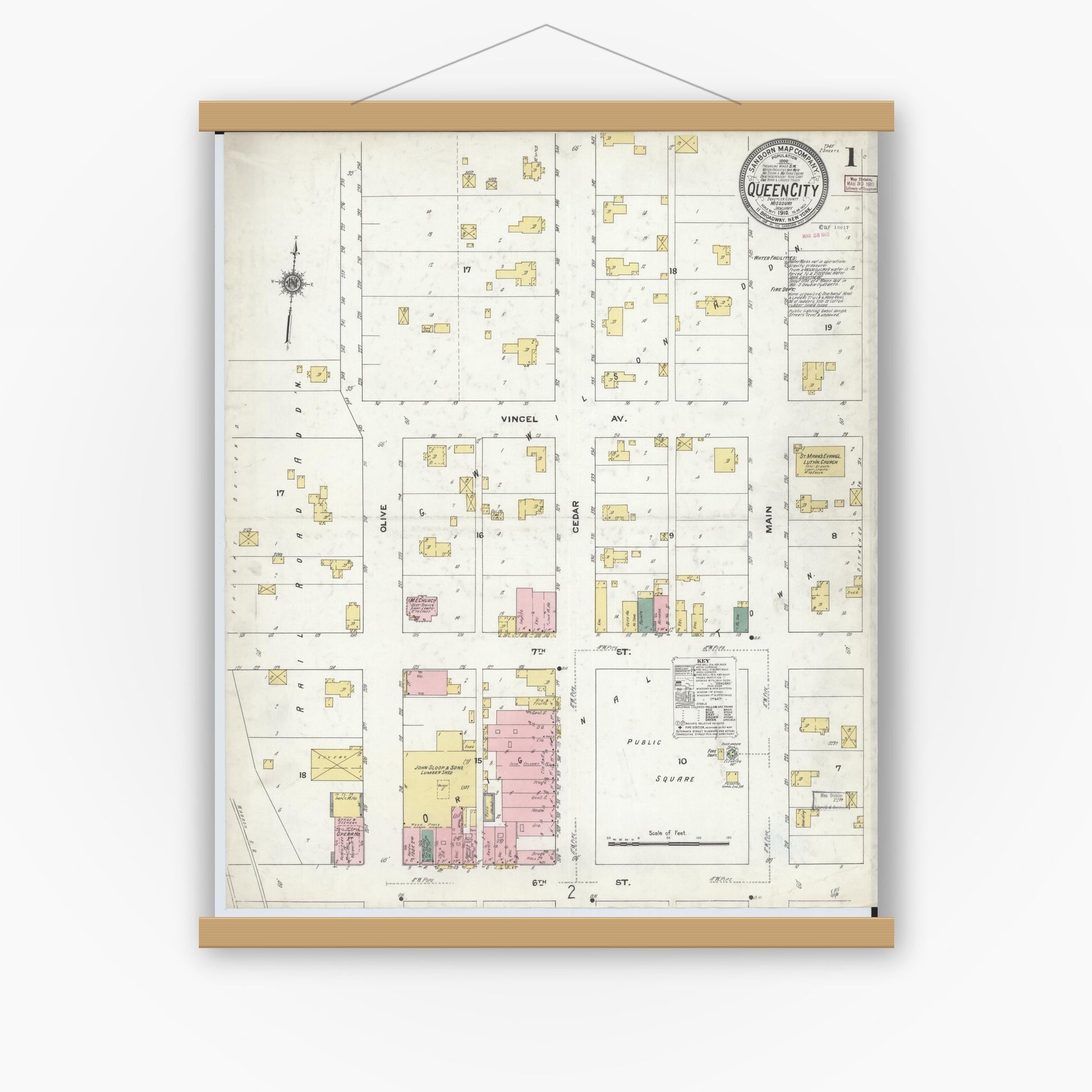 Old map wall art mockup — magnetic wood frame on white wall — Sanborn Fire Insurance Map from Queen City, Schuyler County, Missouri (1910), Sheet #0001