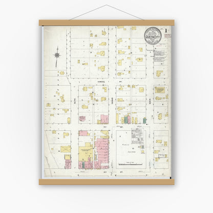 Old map wall art mockup — magnetic wood frame on white wall — Sanborn Fire Insurance Map from Queen City, Schuyler County, Missouri (1910), Sheet #0001