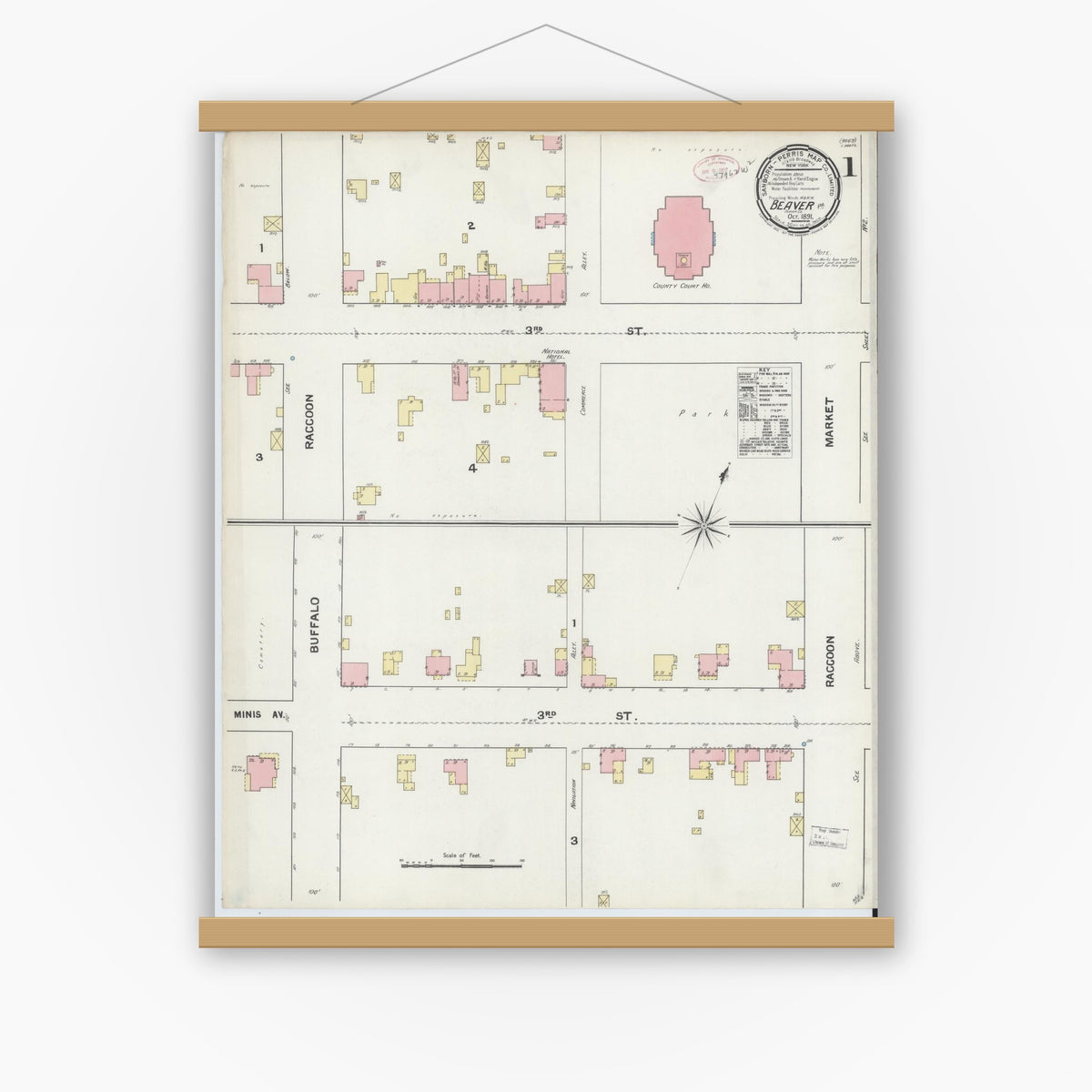 Old map wall art mockup — magnetic wood frame on white wall — Sanborn Fire Insurance Map from Beaver, Beaver County, Pennsylvania (1891), Sheet #0001