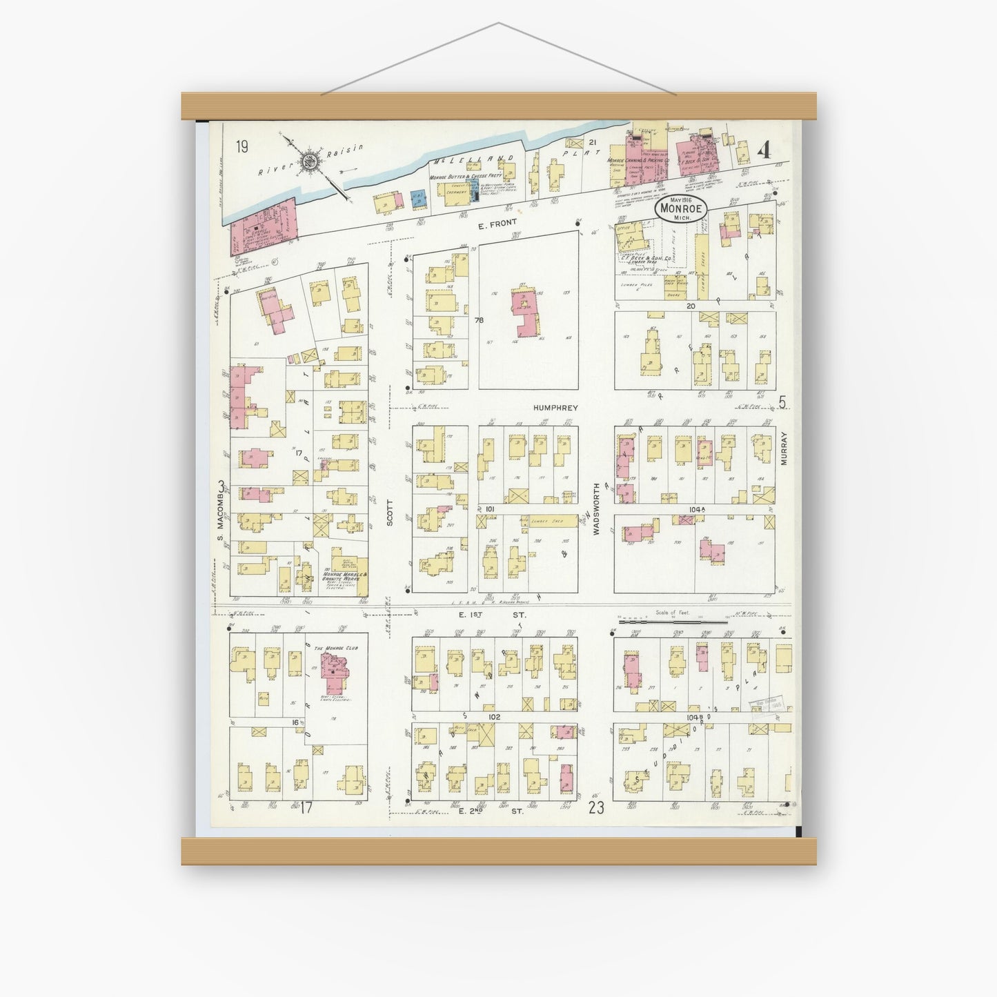 Old map wall art mockup — magnetic wood frame on white wall — Sanborn Fire Insurance Map from Monroe, Monroe County, Michigan (1916), Sheet #0004