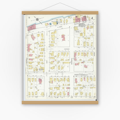 Old map wall art mockup — magnetic wood frame on white wall — Sanborn Fire Insurance Map from Monroe, Monroe County, Michigan (1916), Sheet #0004